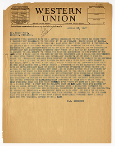 Statement from Bartolomeo Vanzetti to Henry Ford, as transmitted by Michael A. Musmanno, August 22, 1927