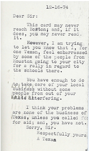 Correspondence between Mayor Kevin H. White and a resident of Hallettsville, Texas