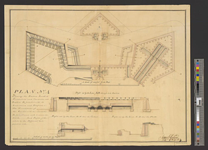 Plan no. 4 shewing the bastion A with its foundations and casemates and bastion B finish'd with its ambrazures and platforms C the foundations of the ravelin with two casemates D for 5 cannon each to scour the ditch and profiles of the whole by the different lines pointed out