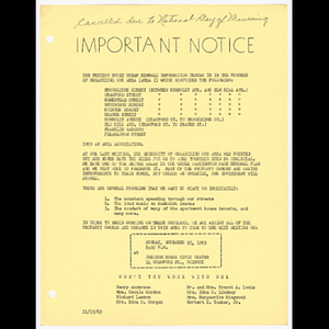 Flier for Area 1 (Brookledge Street between Humboldt Ave. and Elm Hill Ave., Crawford Street, Homestead Street, Hutchings Street, Ruthven Street, Seaver Street, Humboldt Avenue, Elm Hill Ave., Franklin Gardens and Pleasanton Street) meeting on November 25, 1963