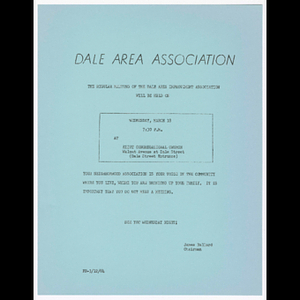 Flier for Dale Area Association meeting on March 18, 1964