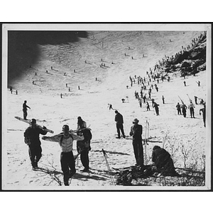 View of ski hill and skiers