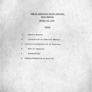 Agenda for the first meeting of the Code of Discipline Review Commmittee on January 22, 1981