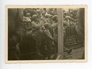 View of soldiers on ship crossing the English Channel