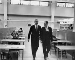 President Sawyer and Larry Wikander in Sawyer Library