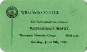 Ticket to Williams College Baccalaureate Service, 1958