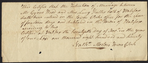 Marriage Intention of Cyrus Wood and Lucy Fuller, 1820