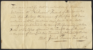 Marriage Intention of Nathaniel French of Bridgewater, Massachusetts and Betsey Waterman, 1811