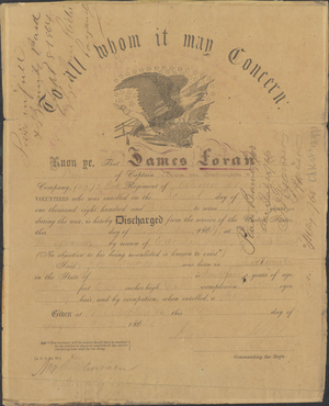 Civil War discharge certificate for Private James Foran