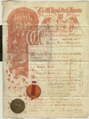 Traveling Royal Arch certificate issued to Charles D. Buck, 1871 February 8