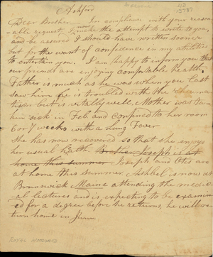 Unsigned letter from Royal Woodward to his brother, about 1828