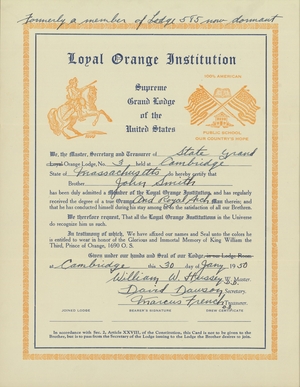 Membership certificate issued by State Grand Orange Lodge, No. 3, to John Smith, 1950 January 30