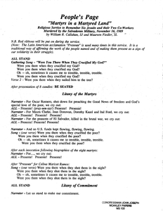 Program of the vigil service "Martyrs in a Martyred Land: A Religious Vigil Service to Remember Six Jesuits and Their Two Co-Workers Murdered by the Salvadoran Army," 16 November 1989