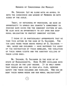 Amendment to H.R. 4300, Section 324: Temporary protected status for nationals of El Salvador, Lebanon, Liberia, and Kuwait, and Remarks by Congressman John Joseph Moakley, 26 September 1990