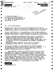 Constituent letter to John Joseph Moakley regarding veterans' benefits (Western Union form letter)