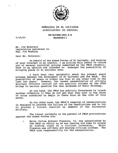Letter to James P. McGovern from General Adolfo Blandon, Defense Attache, writing on behalf of the Salvadoran Armed Forces regarding terrorist attacks allegedly perpetrated by the FMLN, 19 July 1990