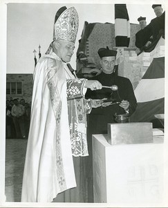 Lyons Hall exterior: laying the cornerstone with Richard Cushing, William L. Keleher, John C. O'Connell, and Daniel Lynch