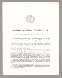Amherst College annual report to secondary schools, report on admission to Amherst College, and statistics on incoming class, 1958