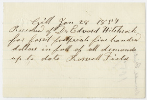 Edward Hitchcock receipt of payment to Roswell Field, 1857 January 28