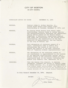 Boston City Council resolution concerning South Boston High School being placed under receivership, 1975 December 15
