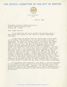 Correspondence between Kevin A. McCluskey, Boston School Committee member, and Judge W. Arthur Garrity, 1981 July