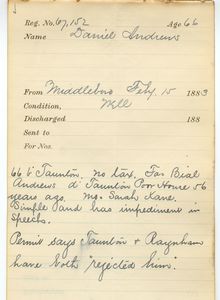 Tewksbury Almshouse Intake Record: Andrews, Daniel