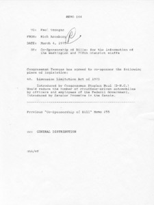 Memo #64 to Paul Tsongas from Rich Arenberg regarding Co-Sponsorship of Bills: for the information of the Washington and Fifth District staffs