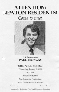 Attention: Newton Residents! Come to meet U. S. Senator-elect Paul Tsongas