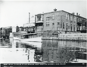 East bank Charles River between West Boston Bridge and gas house