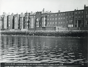 South bank of the Charles River between Hereford Street and Massachusetts Avenue, from boat