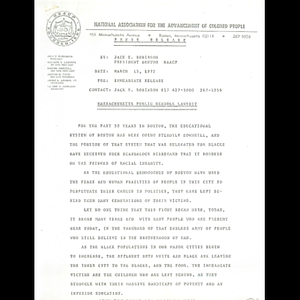Press release, Massachusetts Public Schools lawsuit, March 15, 1972.