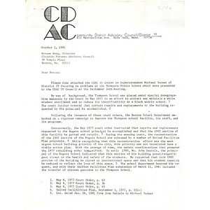 Letter, Citywide Parents' Advisory Council, October 1, 1981.