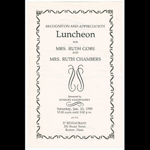 Program for Goldenaires luncheon recognizing Ruth Gore and Ruth Chambers