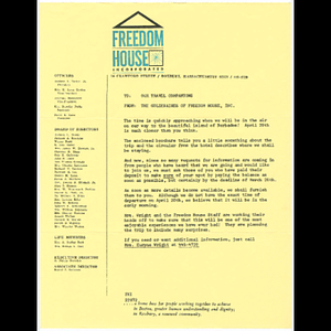 Letter from the Goldenaires of Freedom House, Inc. to travel companions concerning Barbados trip