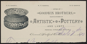Letterhead for Goodwin Brothers, manufacturers of artistic pottery and lamps, Elmwood, Hartford County, Connecticut, dated February 7, 1890