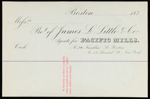 Billhead for James L. Little & Co., agents for Pacific Mills, No. 24 Franklin Street, Boston, Mass. and No. 59 Leonard Street, New York, New York, 1870s