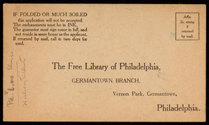 Envelope for The Free Library of Philadelphia, Germantown Branch, Vernon Park, Germantown, Philadelphia, Pennsylvania, undated