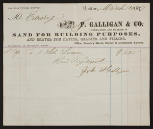 Billhead for P. Galligan & Co., sand and gravel, Foundry Street, corner of Dorchester Avenue, Boston, Mass., dated March 24, 1877