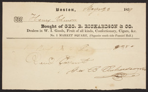 Billhead for Geo. B. Richardson & Co., groceries, No. 1 Market Square , Boston, Mass., dated May 23, 1839