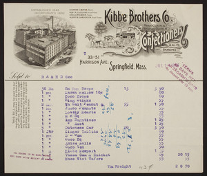 Billhead for Kibbe Brothers Co., manufacturers & wholesale dealers in confectionery, 33-51 Harrison Avenue, Springfield, Mass., dated Juy 11, 1914