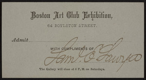 Ticket for the Boston Art Club Exhibition, 64 Boylston Street, Boston, Mass., undated
