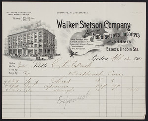 Billhead for the Walker Stetson Company, manufacturers, importers and jobbers, Essex & Lincoln Streets, Boston, Mass., dated April 12, 1902
