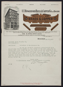 Letterhead for the U.T. Hungerford Brass & Copper Co. of Boston, sheets, rolls, wire, Boston, Mass., dated January 20, 1920