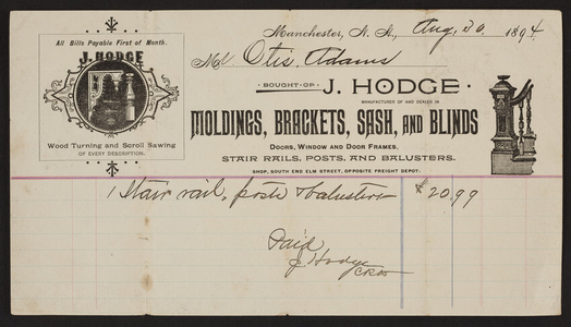 Billhead for J. Hodge, moldings, brackets, sash, and blinds, Elm Street, Manchester, New Hampshire, dated August 30, 1894
