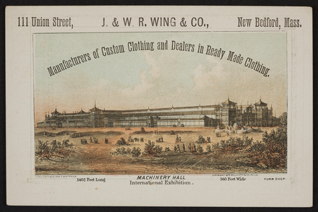 Trade card for the J. & W.R. Wing & Co., clothing, 111 Union Street, New Bedford, Mass., 1875