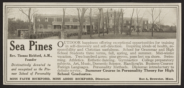 Advertisement for Sea Pines, school, Box A, Brewster, Mass., August 1921