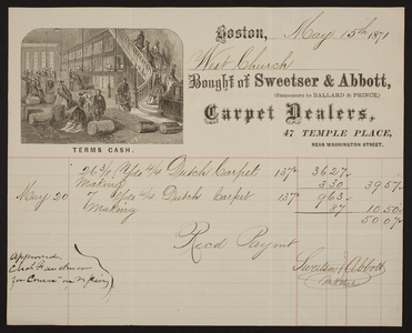 Billhead for Sweetser & Abbott, carpet dealers, 47 Temple Place, near Washington Street, Boston, Mass., dated May 15, 1871