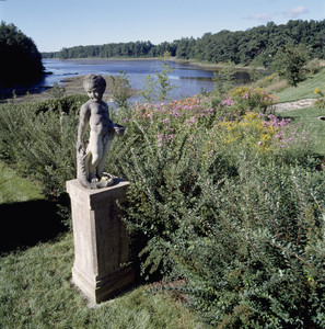 Statue with garden and river, Hamilton House, South Berwick, Maine