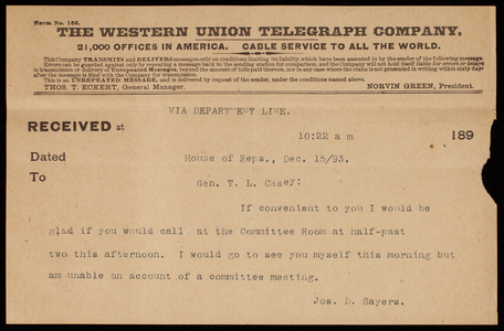 [Joseph] D. Sayers to Thomas Lincoln Casey, December 15, 1893, telegram