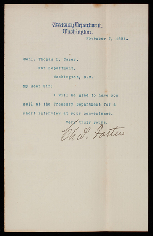 [Charles] Foster to Thomas Lincoln Casey, Novembr 7, 1891